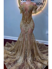 Gold Glitter Lace Diamond Crystal Rhinestone See-Through Mermaid Prom Dress