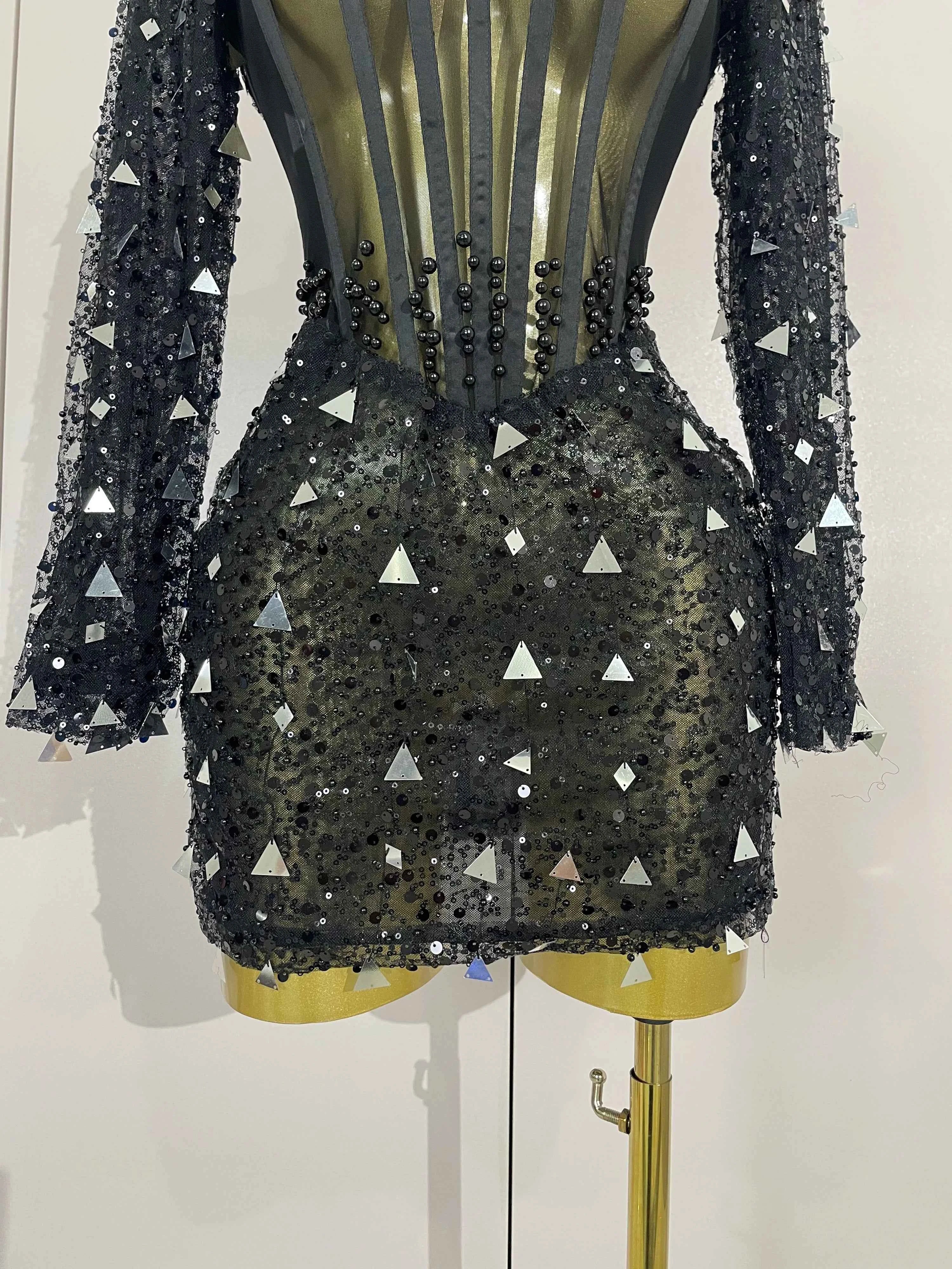 Emily Shiny Sequin Pearl Black Mesh Long Sleeve Bodycon Mini Dress