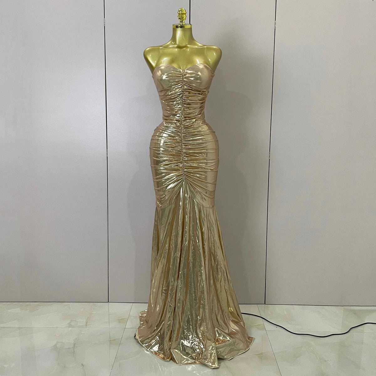 Alana Gold Strapless Ruched Backless Maxi Gown