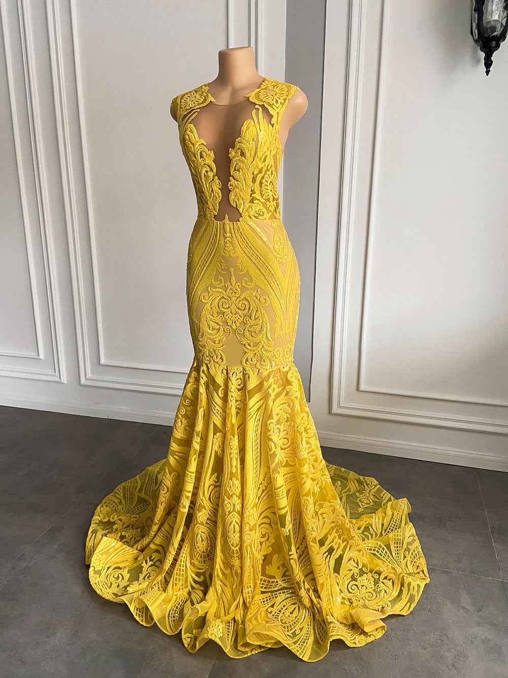 Elegant Yellow Sequin Mermaid Prom Dress