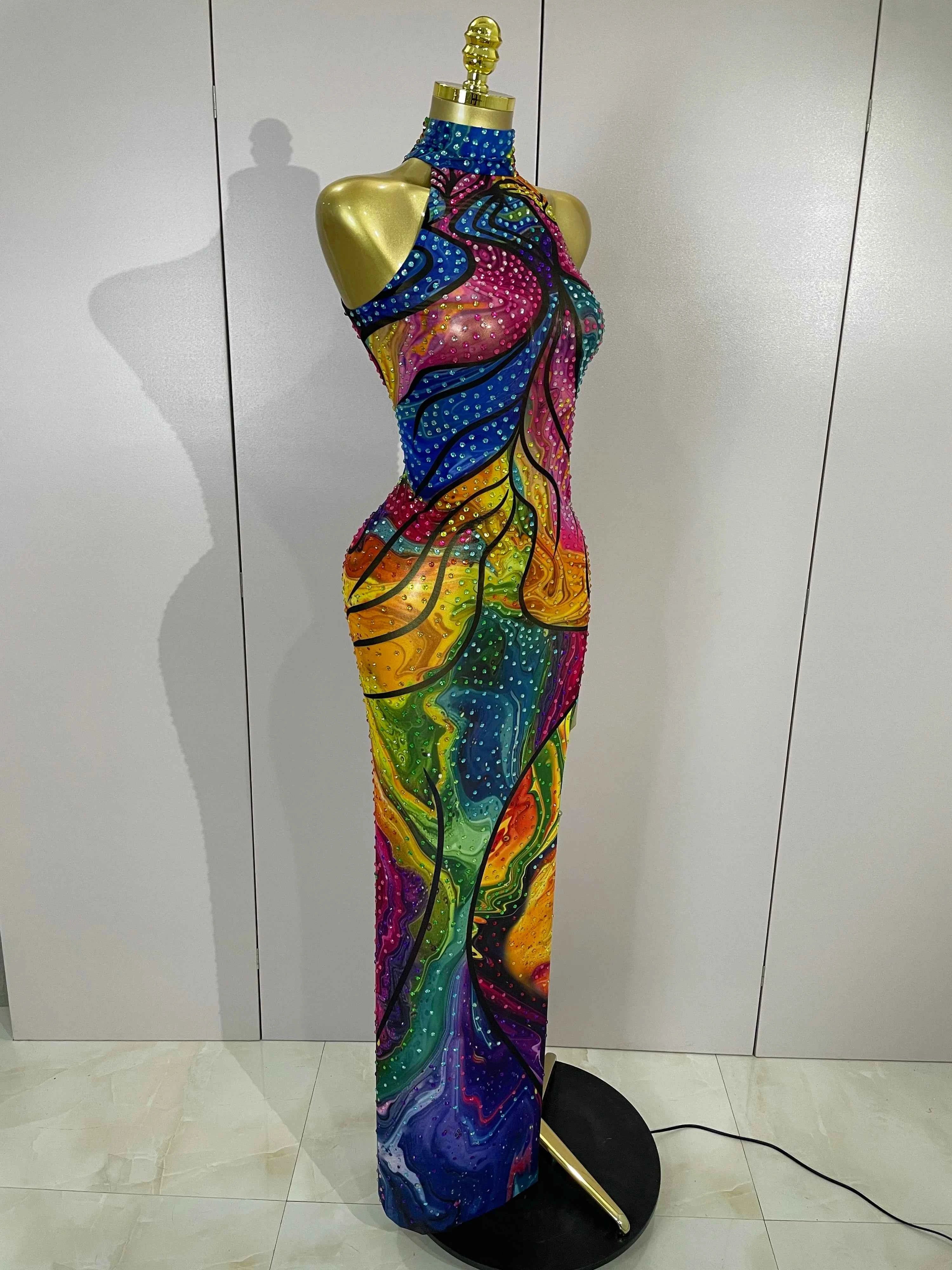 Felicia Colorful Rhinestone Print High Slit Sleeveless Long Dress