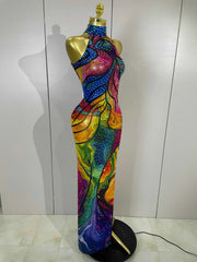 Felicia Colorful Rhinestone Print High Slit Sleeveless Long Dress