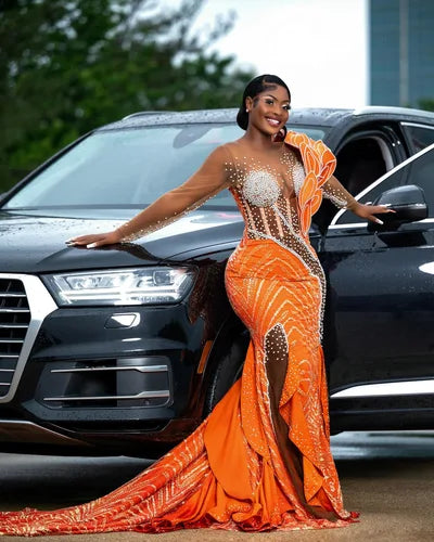 Florals Crystals Orange Mermaid Evening Prom Dress