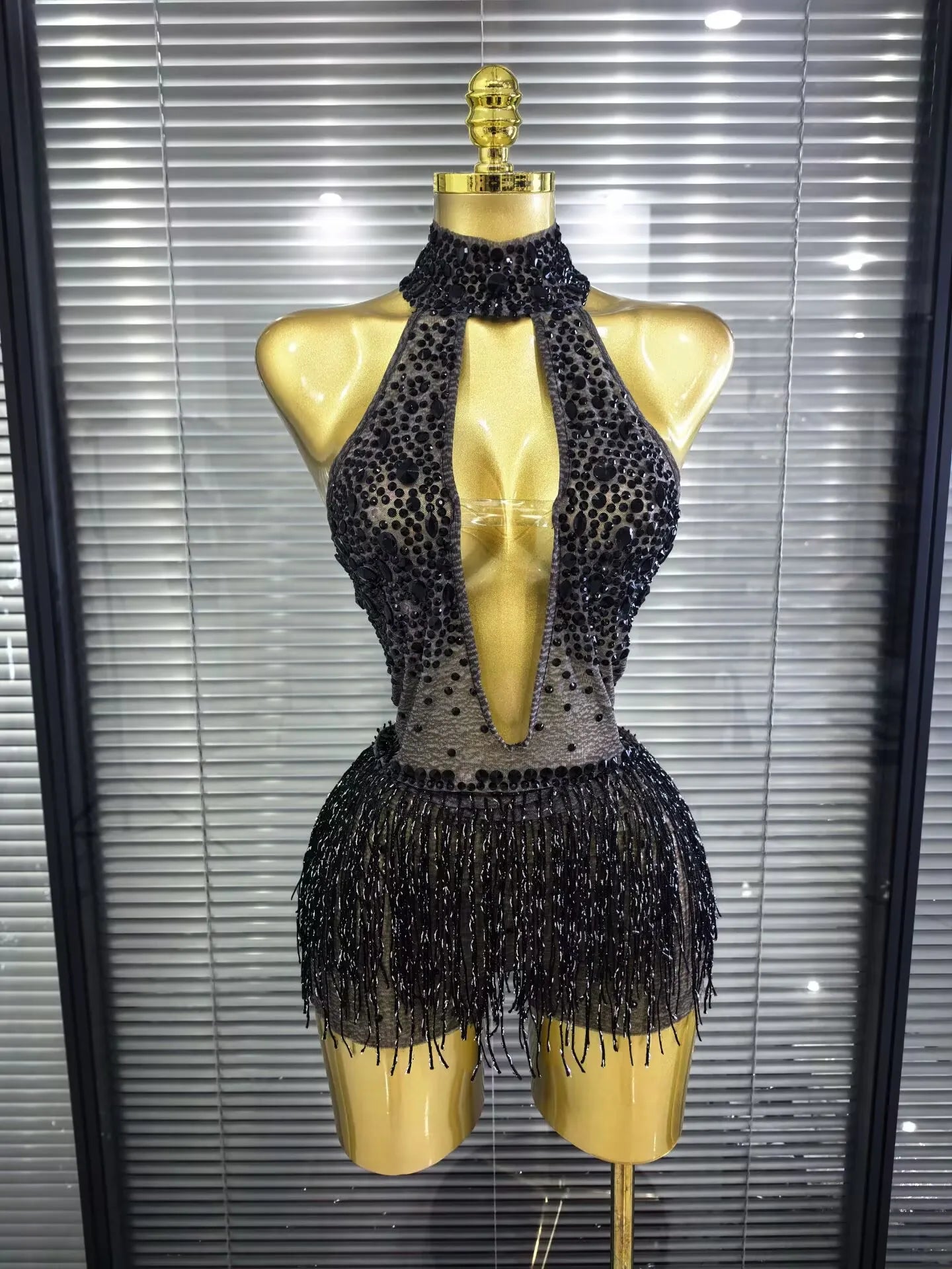 Denise Sexy Mesh See-Through Sequin Tassel Bodycon Bodysuit