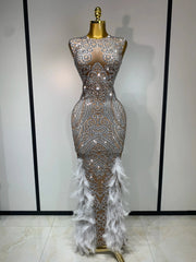 Frances Sleeveless O-Neck Sparkly Rhinestone Feather Bodycon Party Dress – Elegant Floor-Length Gown