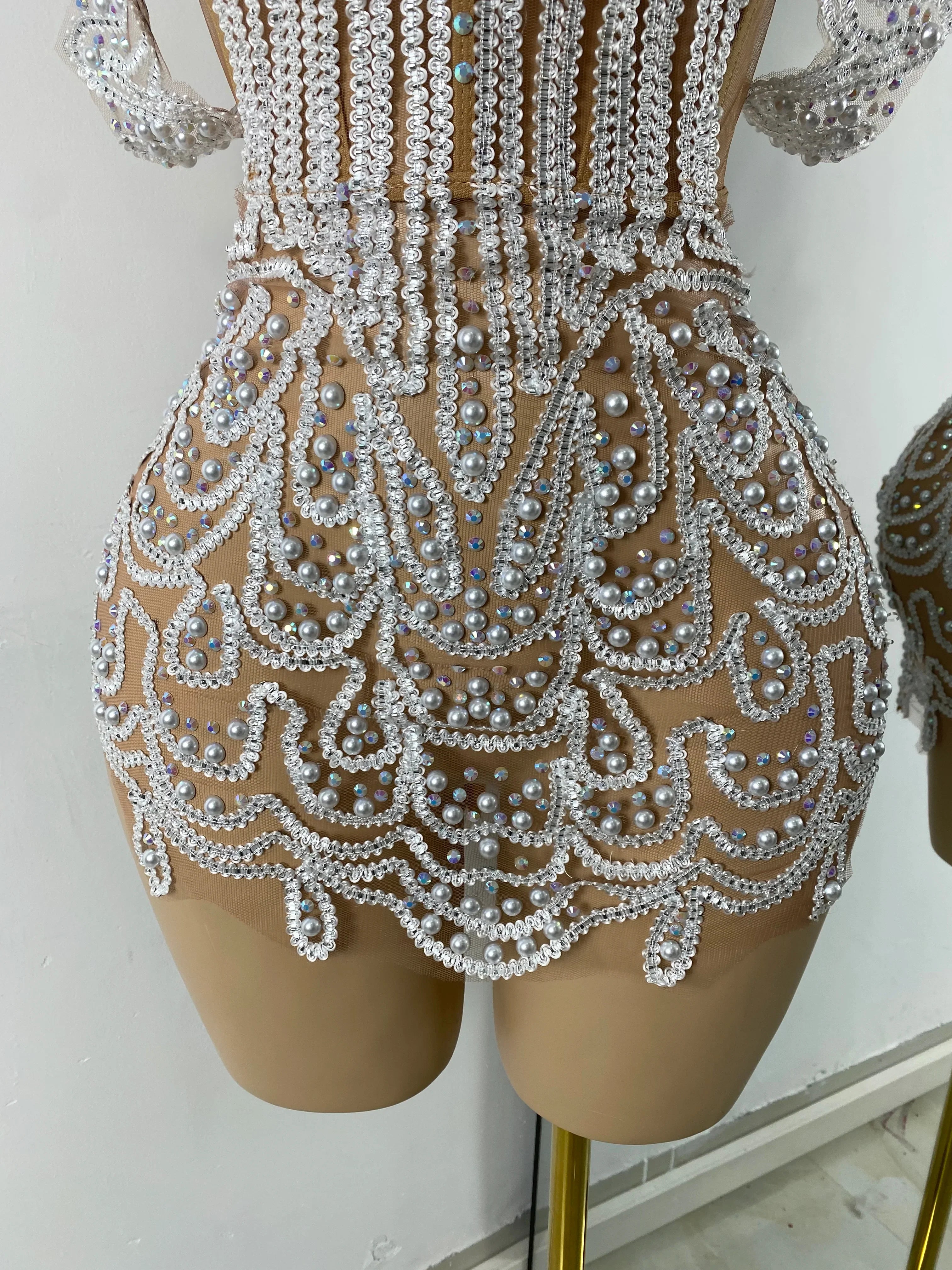 Claren Luxury Pearl & Sparkly Rhinestone Off-Shoulder Mesh Bodycon Mini Dress for Women