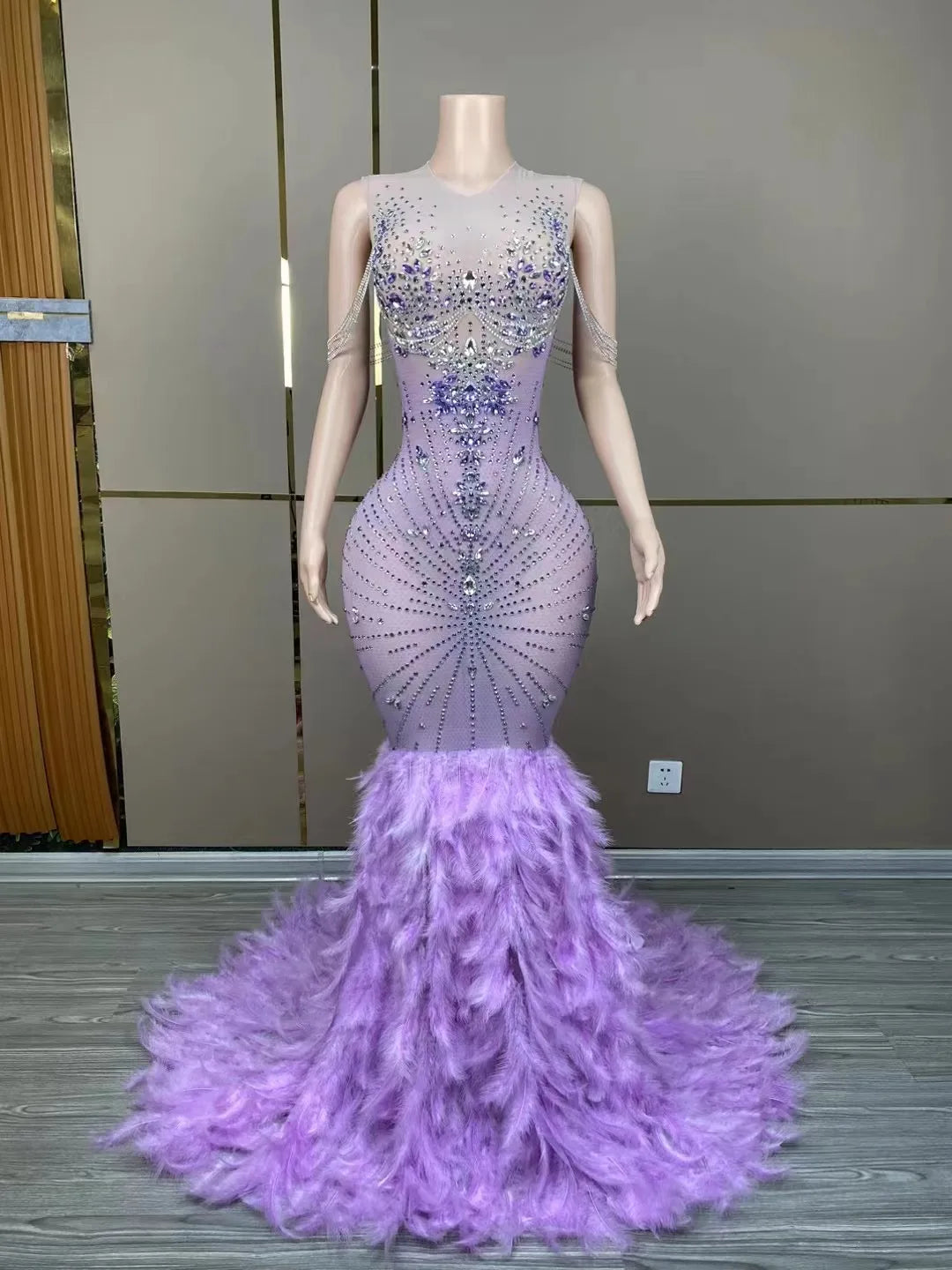 Chanel Sparkly Purple Rhinestone Feather Prom Dress