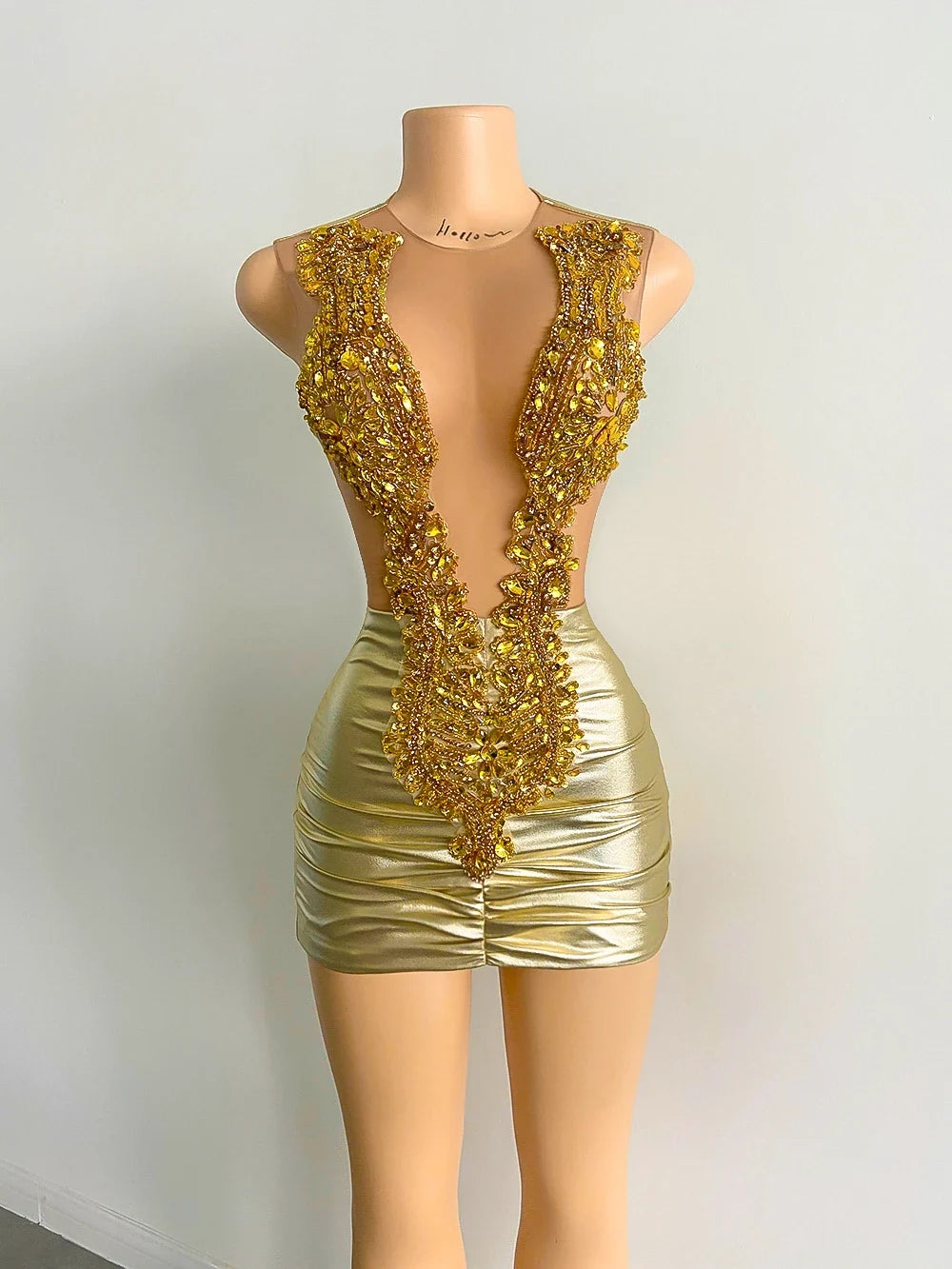 Gold Sheer Beaded Mini Birthday Dress