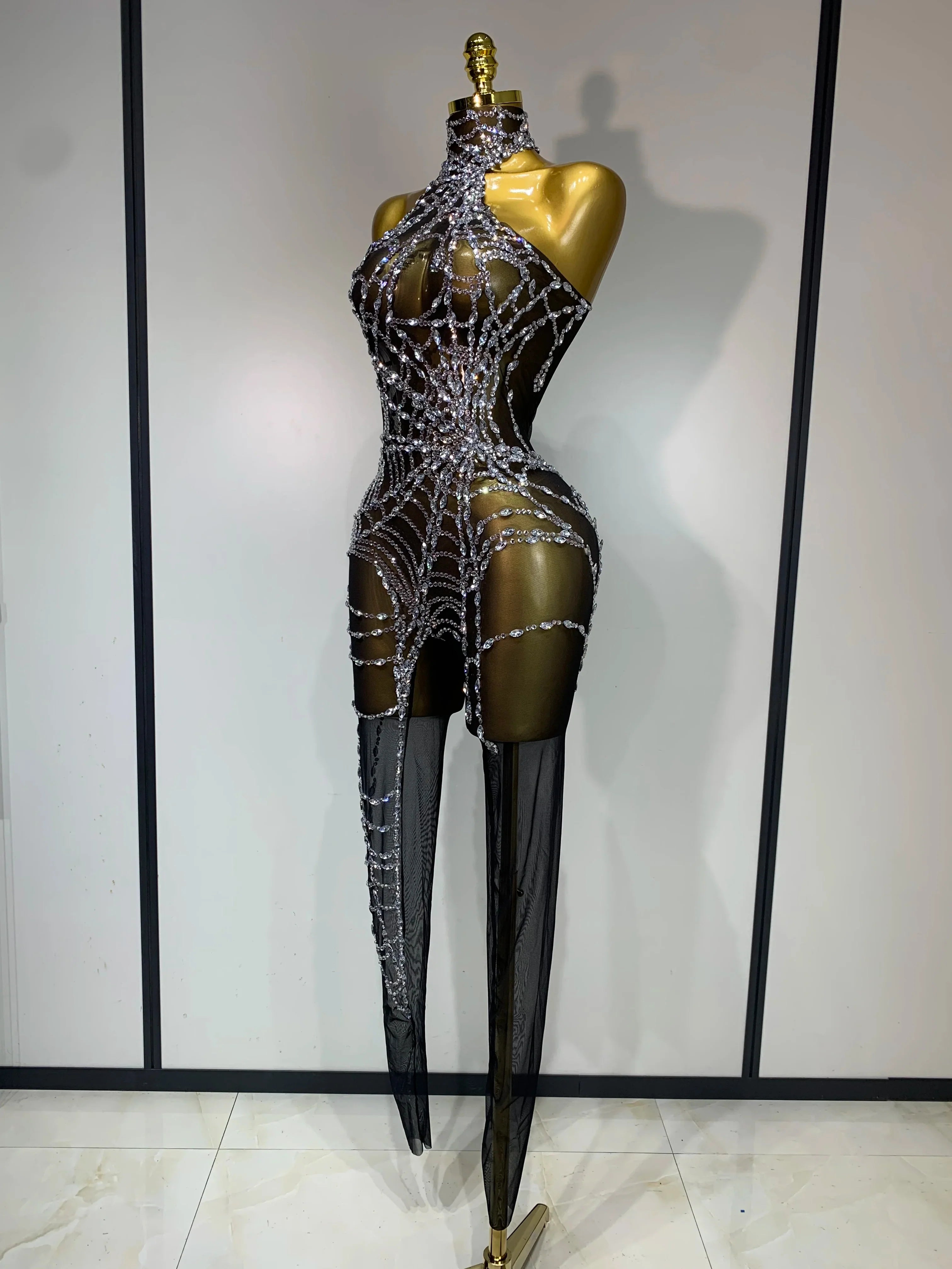 Aisani Sparkly Diamond Sexy Mesh Jumpsuit Outfit