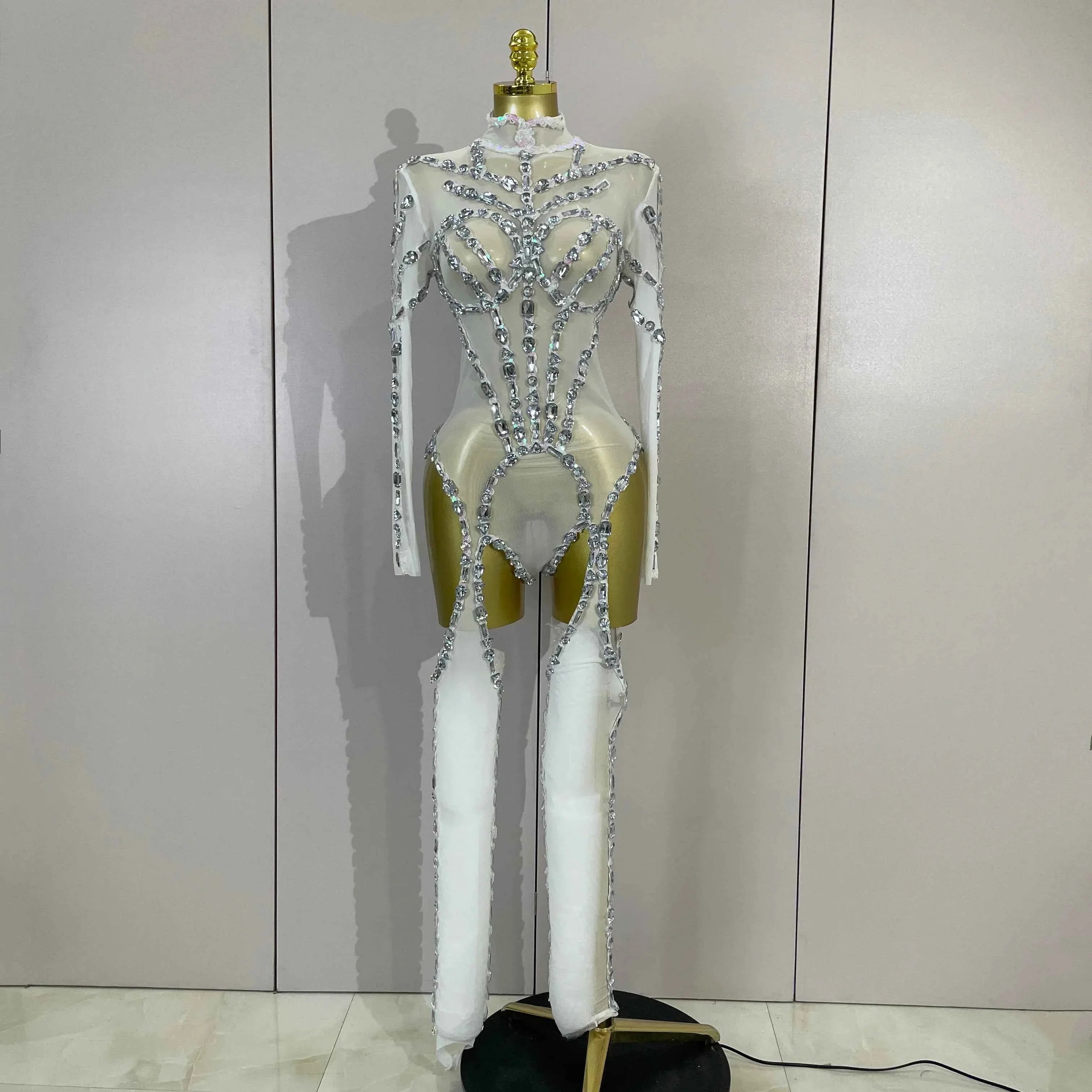 Grace Sparkly Diamond Sequin Long Sleeve Mesh See-Through Jumpsuit