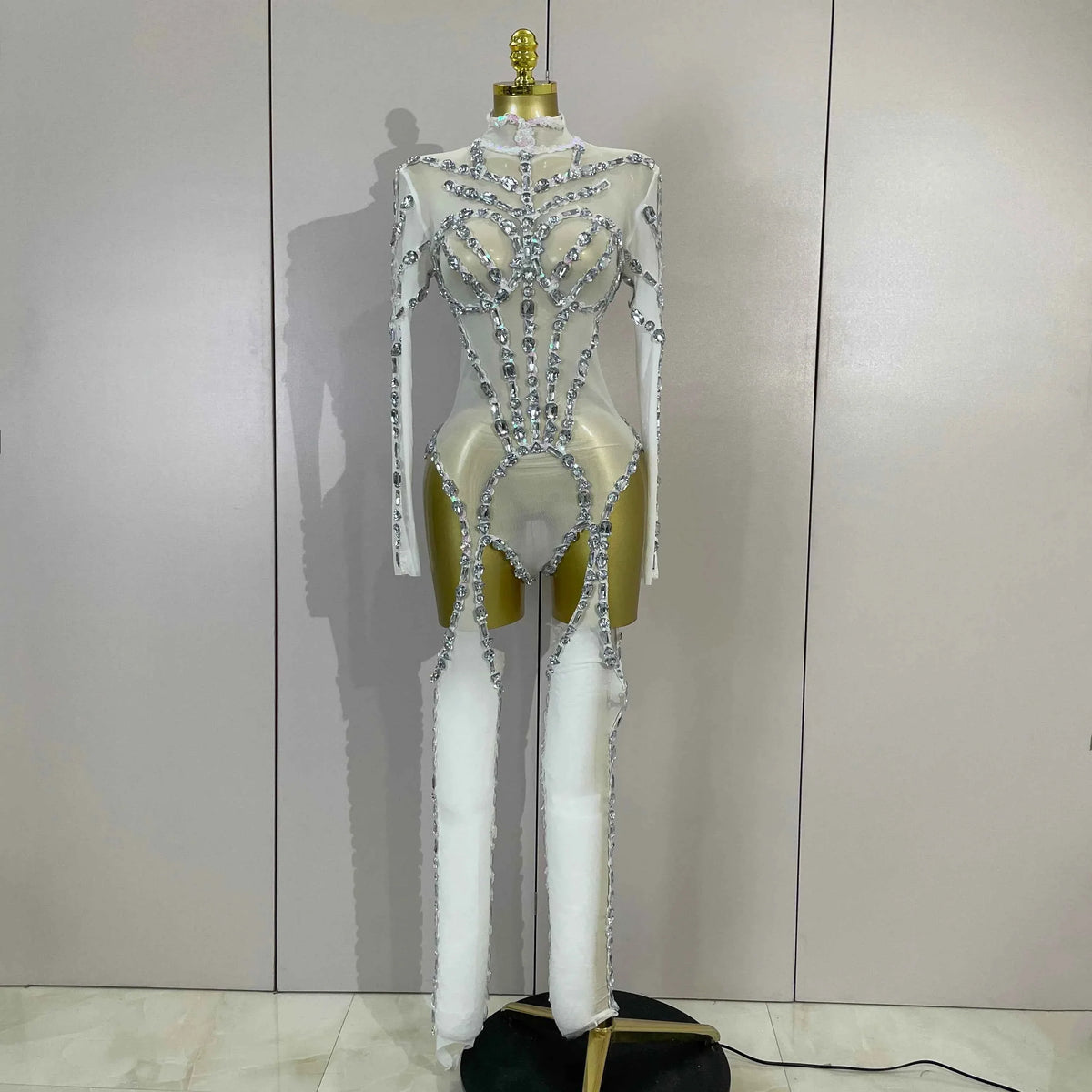 Grace Sparkly Diamond Sequin Long Sleeve Mesh See-Through Jumpsuit