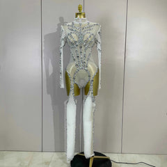 Grace Sparkly Diamond Sequin Long Sleeve Mesh See-Through Jumpsuit