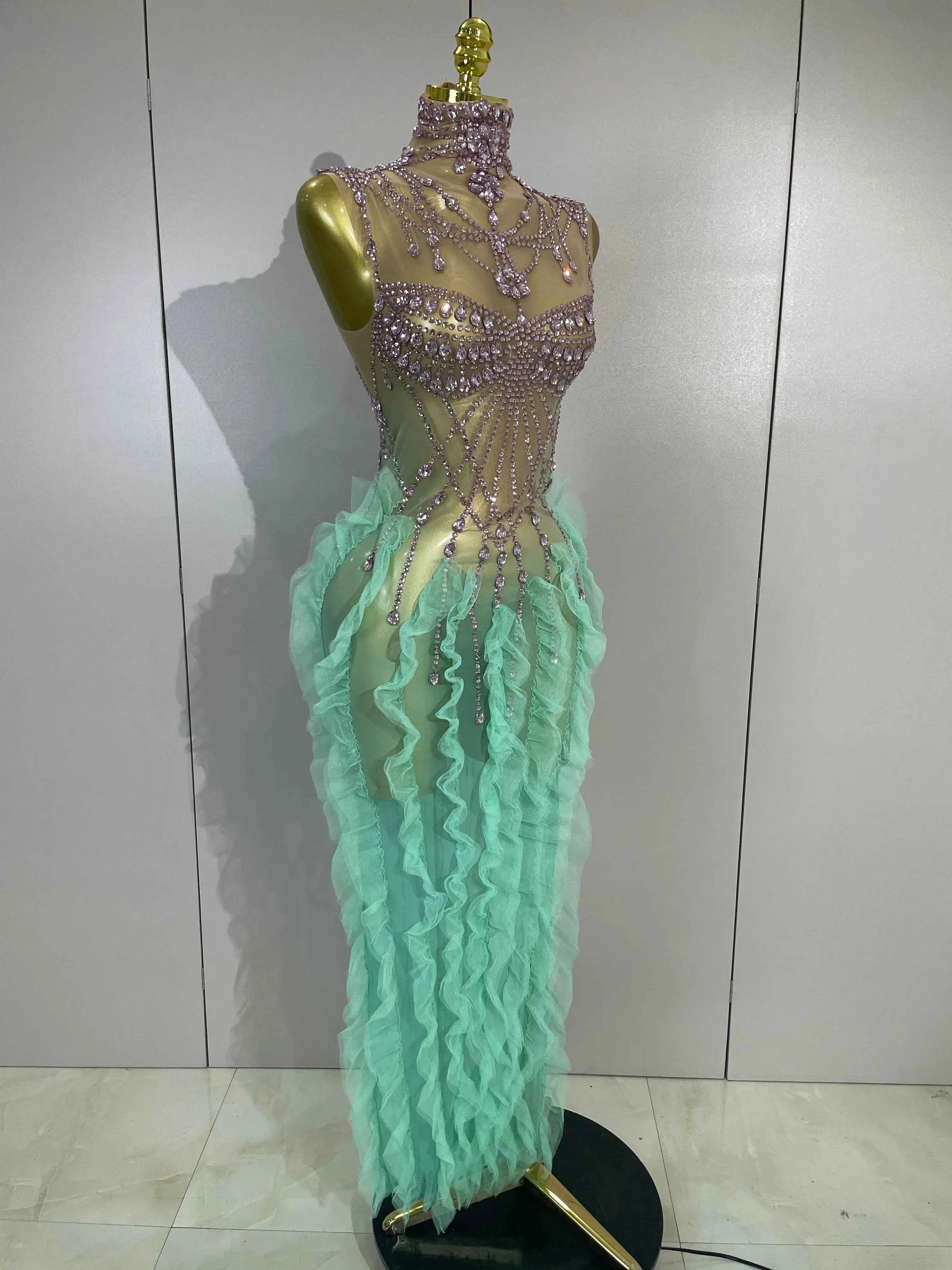Faith Turtleneck Appliqué Mesh Ruffle Maxi Dress
