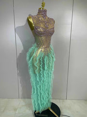 Faith Turtleneck Appliqué Mesh Ruffle Maxi Dress