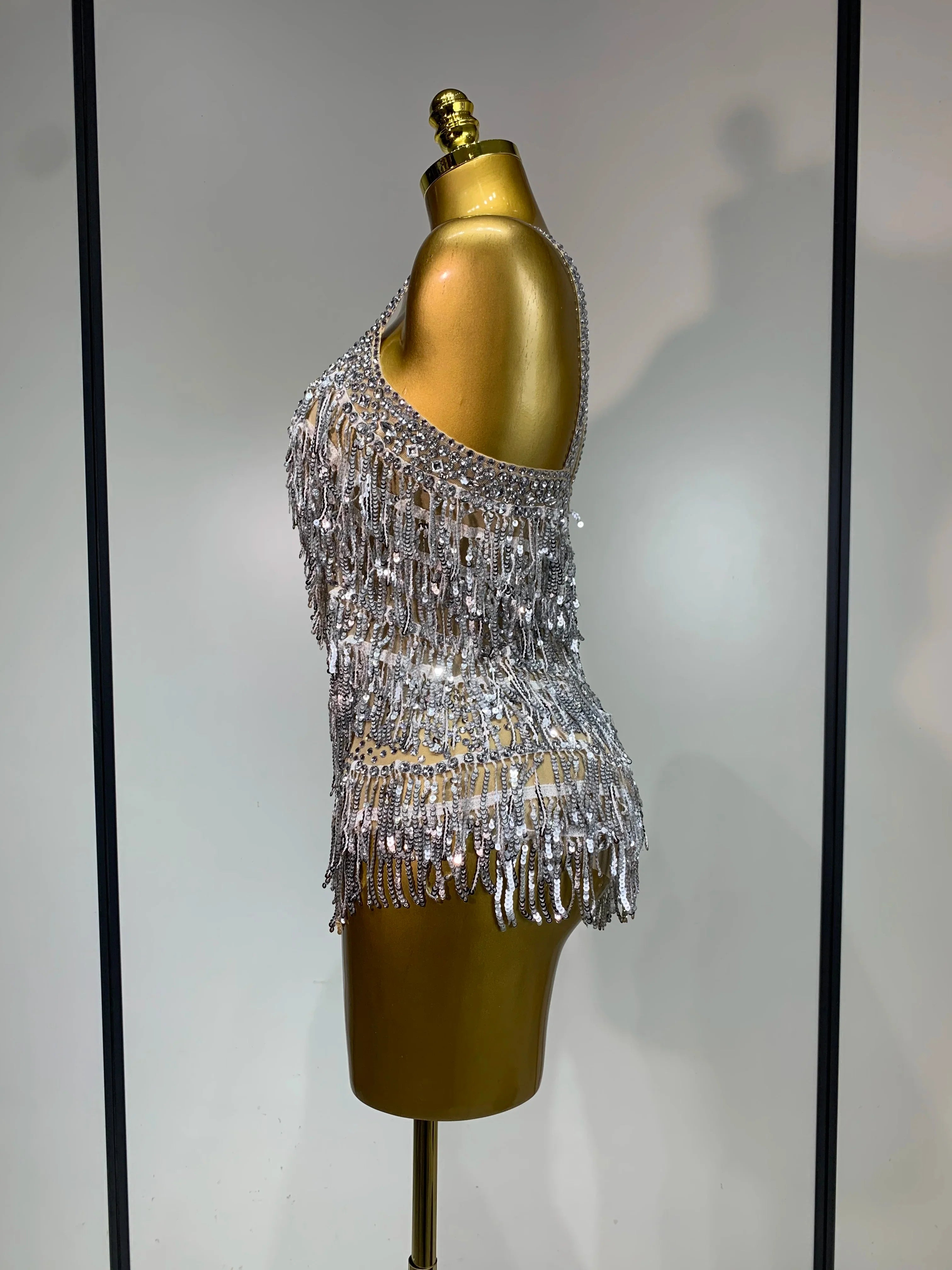 Anne Sparkly Rhinestones Sequins Tassel Sexy See-Through Bodysuit