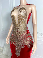 Elegant Red Mermaid Prom Gown with Crystal Beads & Cut-Outs