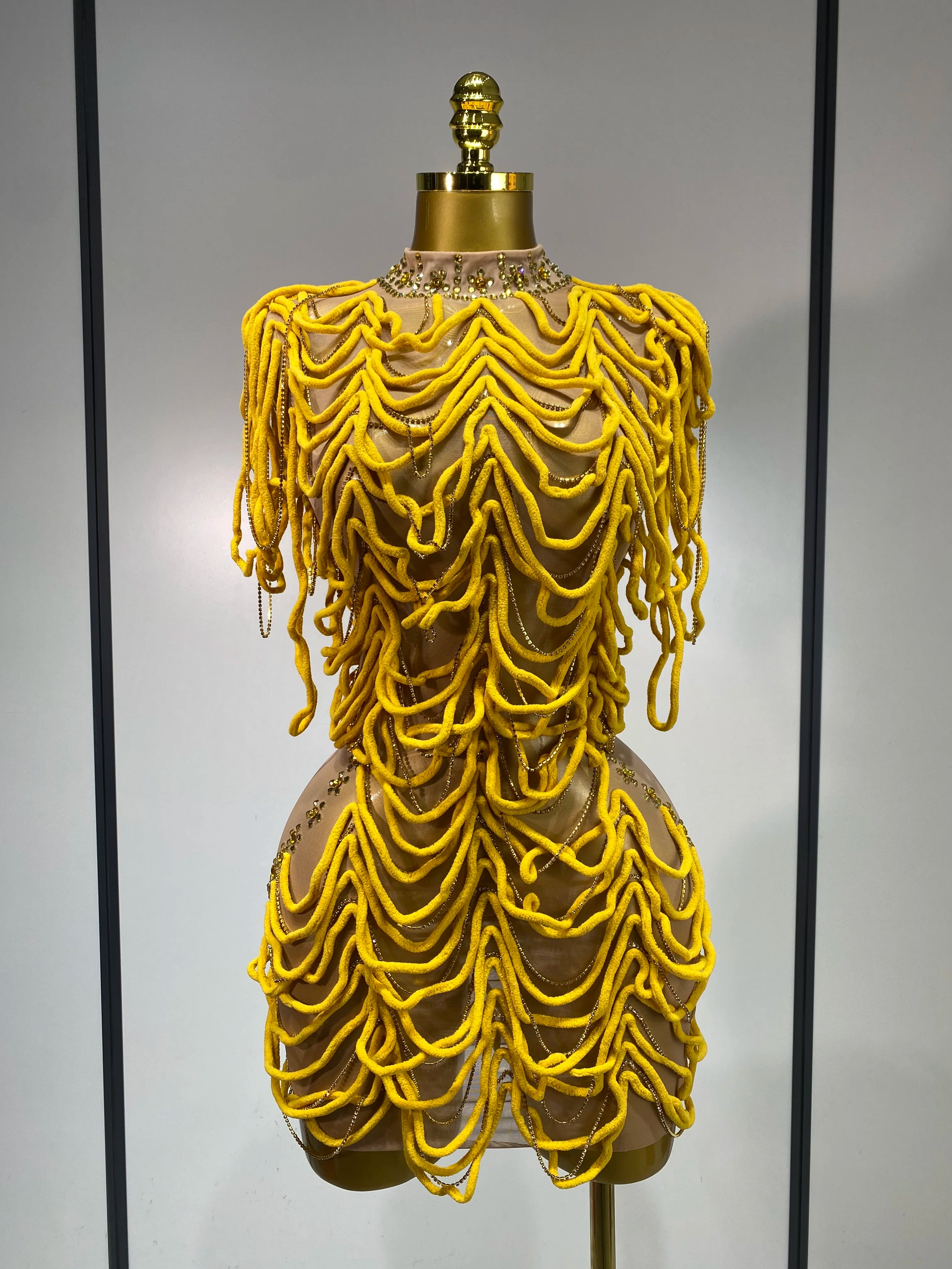 Brielle Sexy Mesh See Through Rhinestone Chain Dress