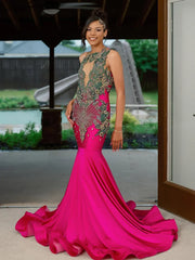 Green & Gold Embroidered Crystals Bodice Hot Pink Mermaid Prom Dress