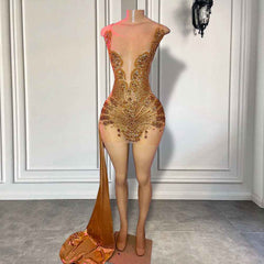Gold Scalloped Mesh Beaded Mini Birthday Dress