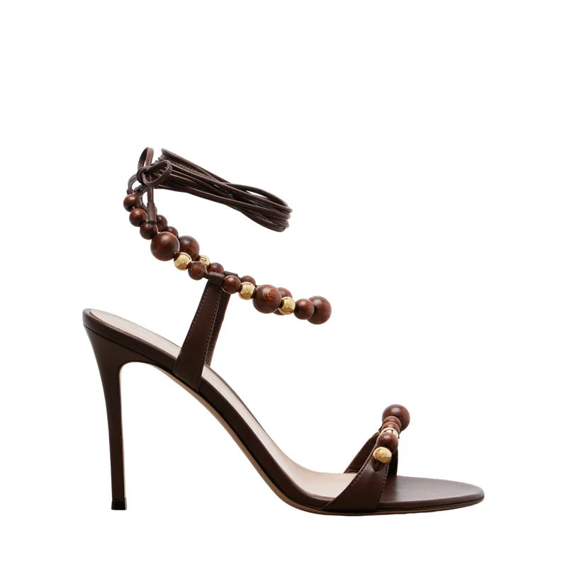 Bohemian Beaded Ankle Wrap Stiletto Sandals Leather Open-Toe Lace-Up High Heels