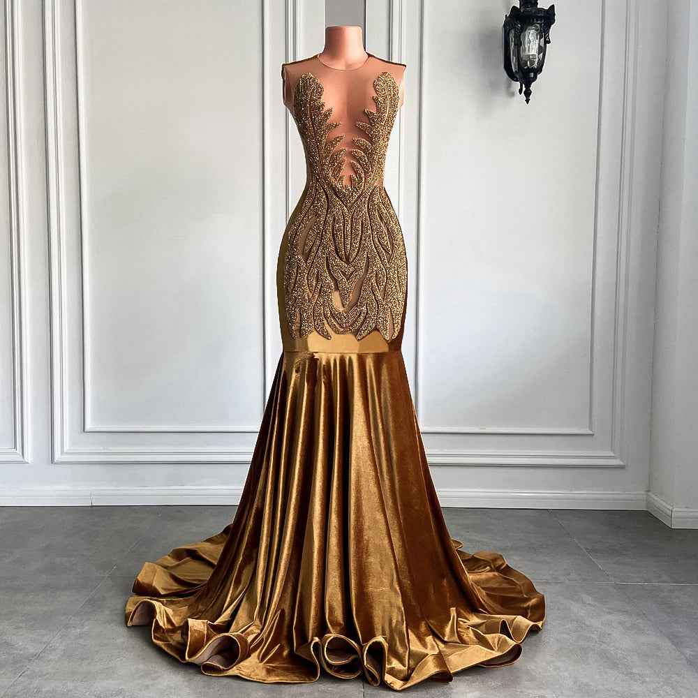 Gold Mermaid Prom Dress - Sheer Top Diamond Velvet Mermaid Gown