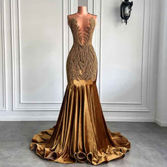 Gold Mermaid Prom Dress - Sheer Top Diamond Velvet Mermaid Gown