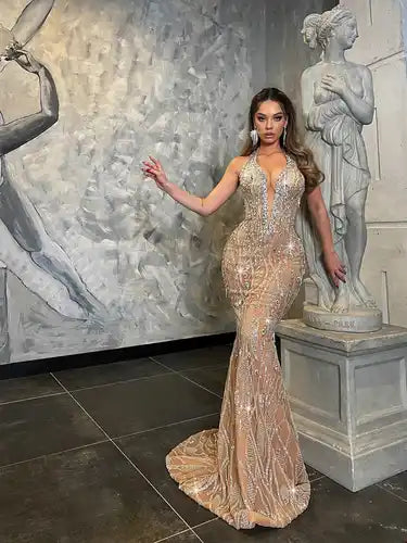 Crystals Beaded Pattern Lace Sparkling Mermaid Gown