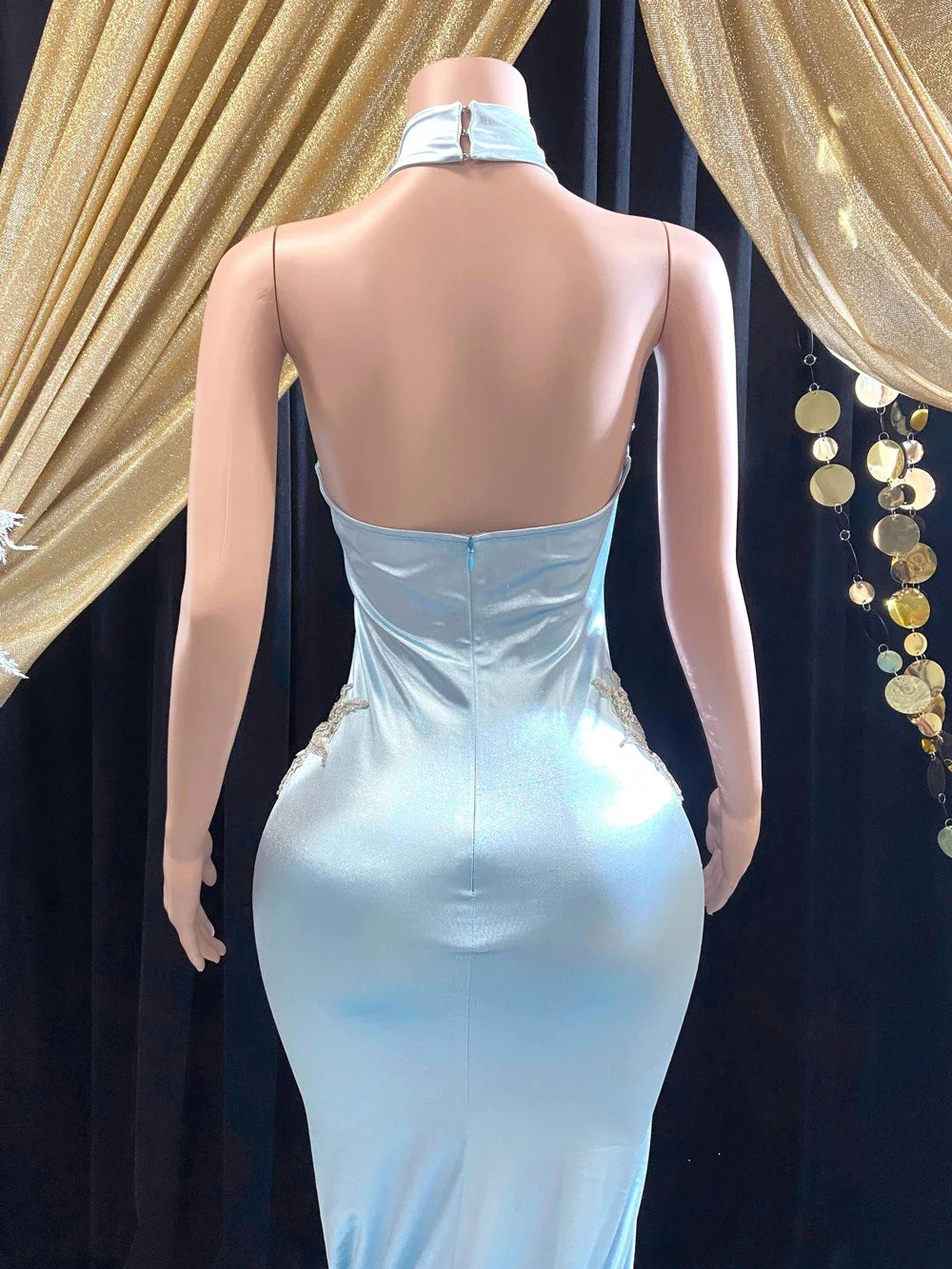 Elegant Light Blue Floral Beaded Appliques Mermaid Prom Dress
