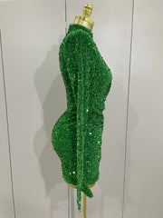 Ghee Sexy Shiny Green Sequin Long Sleeve Birthday Dress with Gloves