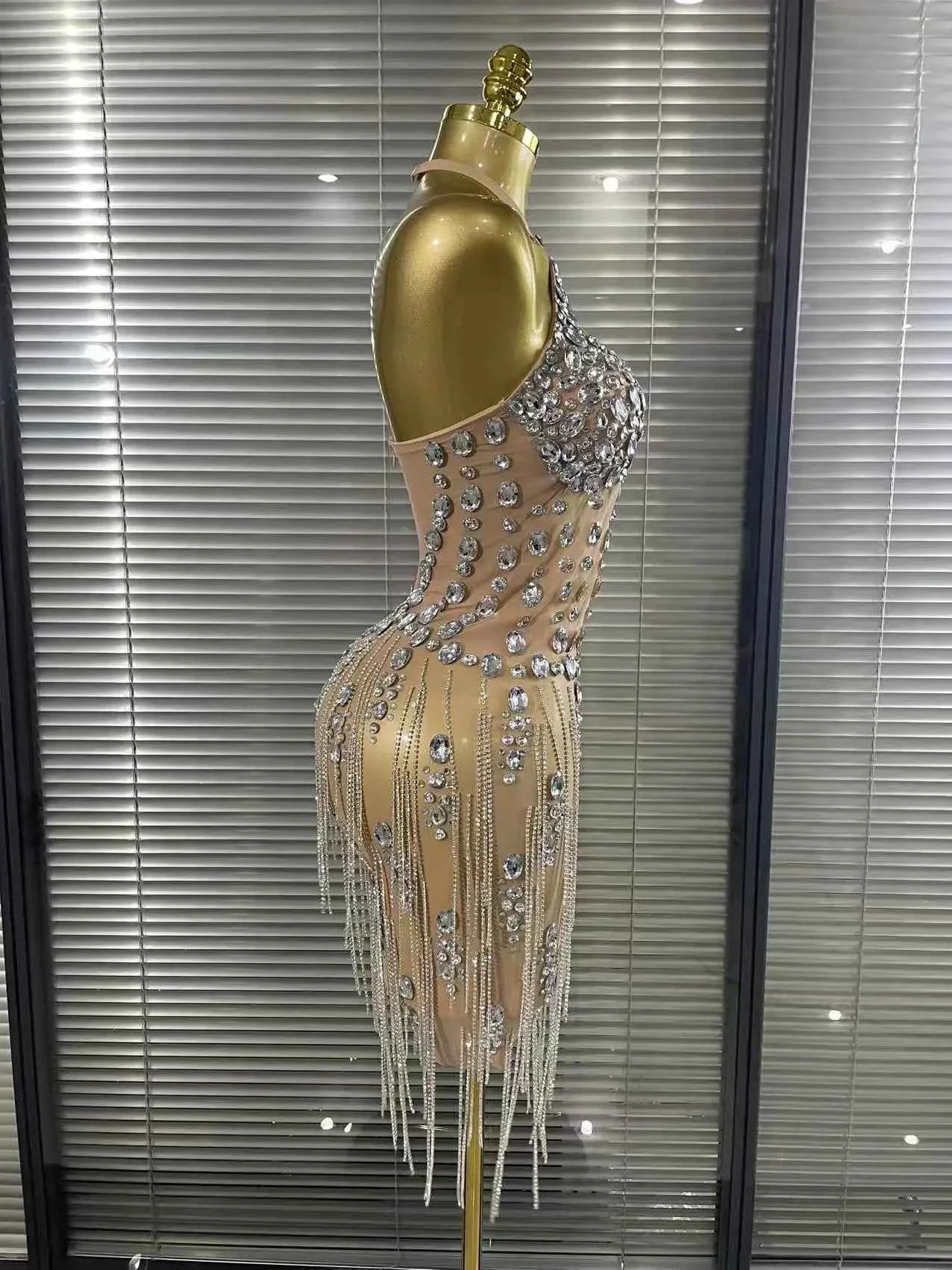 Carmen Crystal Diamond Halter Mesh Evening Gown