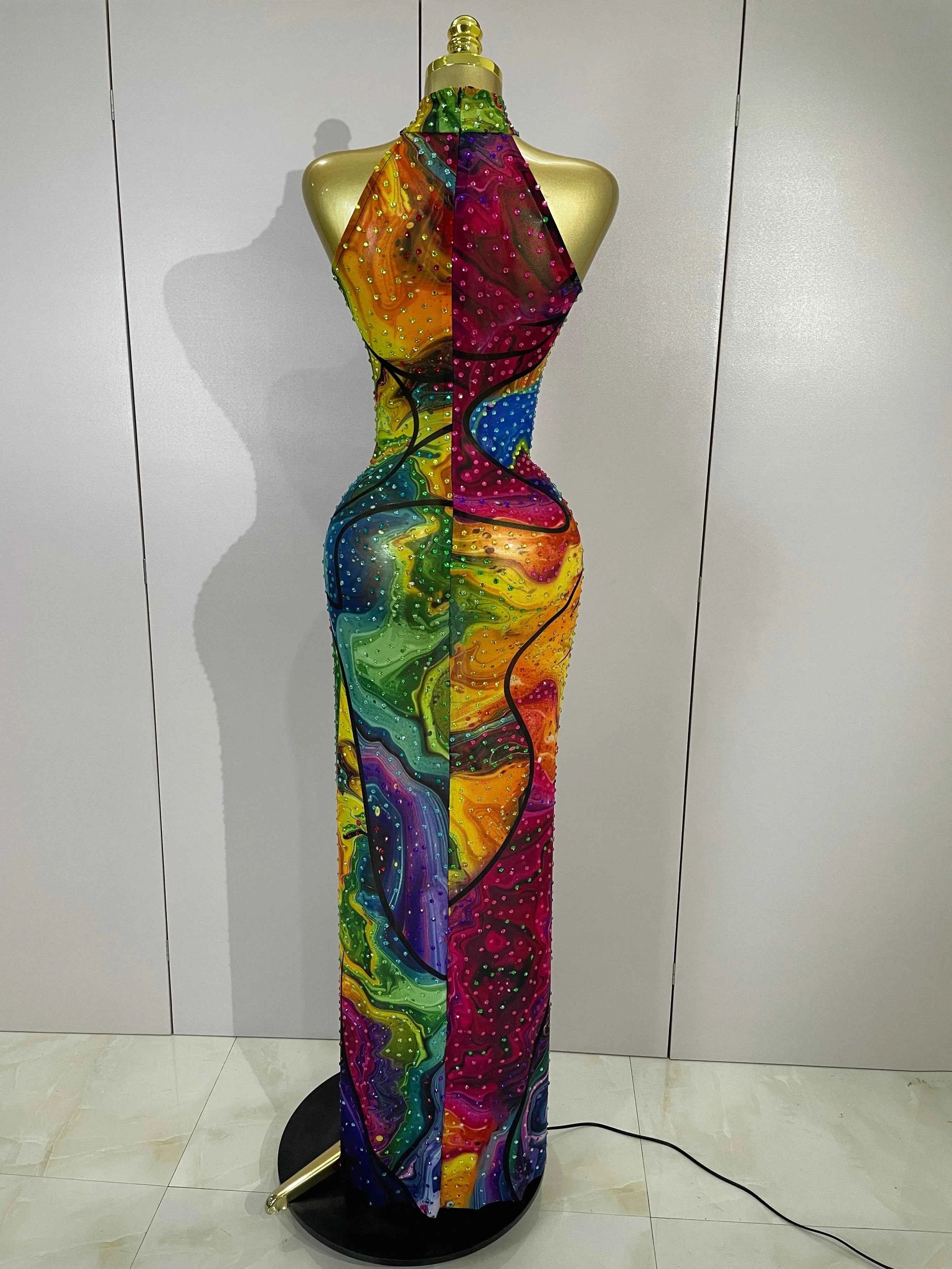 Felicia Colorful Rhinestone Print High Slit Sleeveless Long Dress