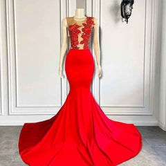 Elegant Sexy Mermaid Sheer Beaded Embroidery Red Spandex Prom Dress