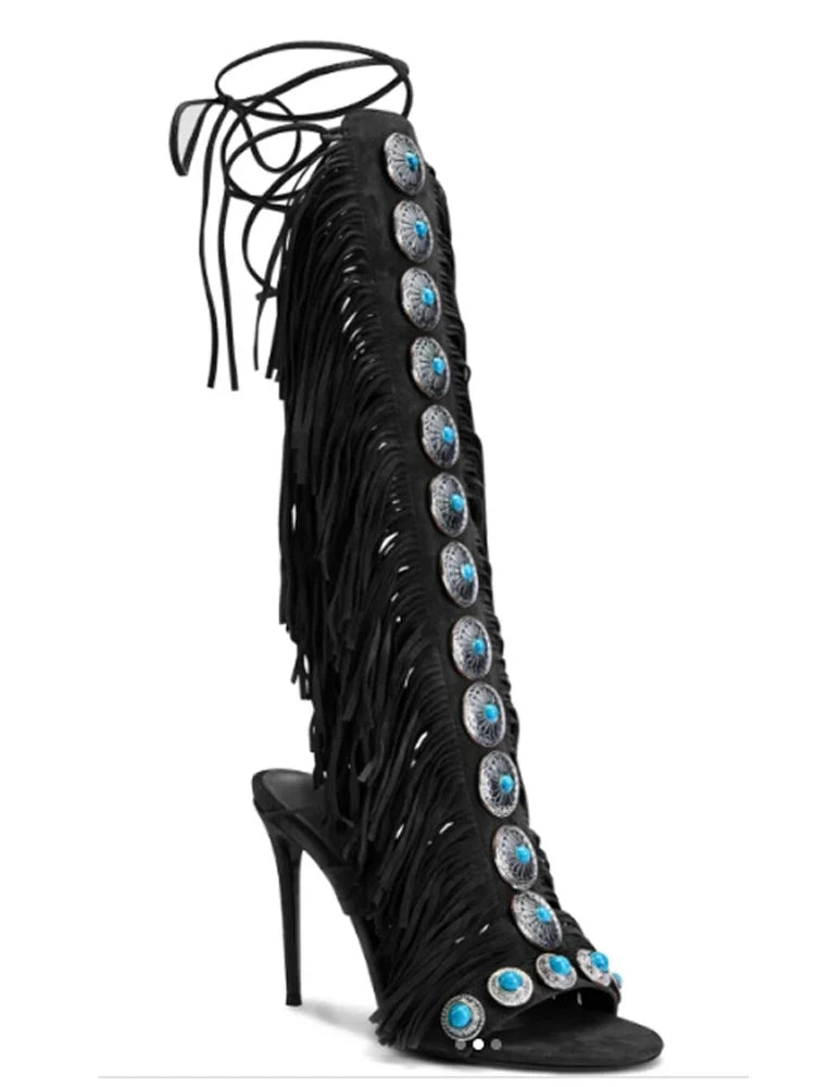 Fringe Cross Strap Stiletto Knee High Boots