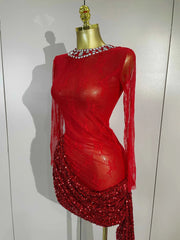 Donna Sparkly Rhinestone Red Sequin Lace Mesh See-Through Mini Dress