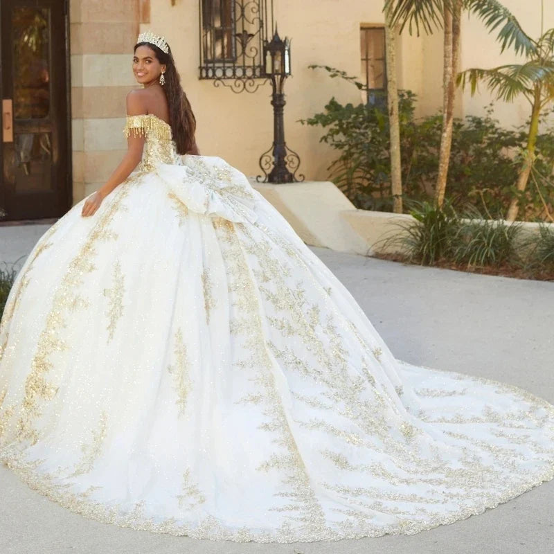 Gold Lace Applique Beads Quinceañera Dress