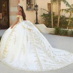 Gold Lace Applique Beads Quinceañera Dress
