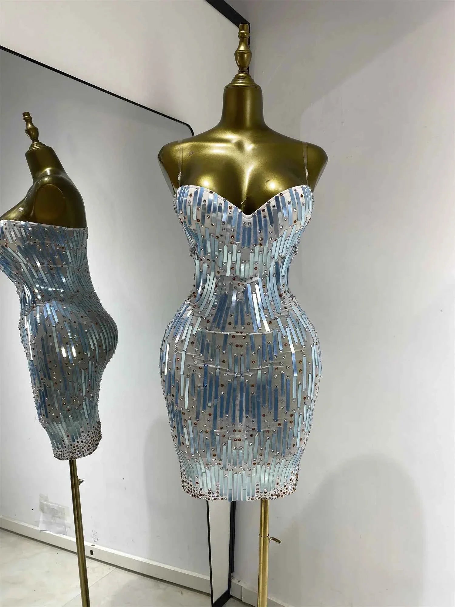 Eisa Sequin Rhinestone Mesh Bodycon Mini Dress