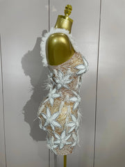 Ailaya Sexy Sparkly Diamond White Flower Feathers Mini Dress