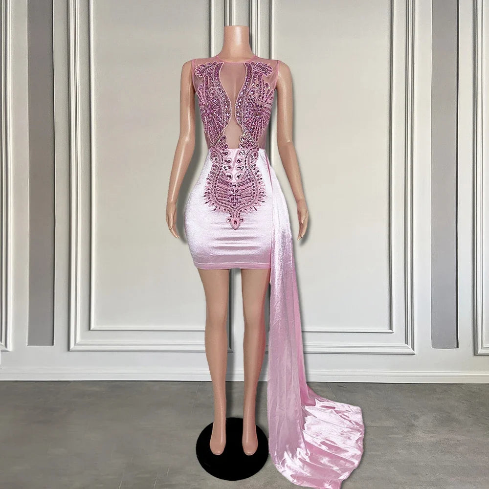 Elegant Blue Diamond Luxury Rhinestones with Side Train Birthday Dress