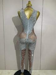 Amina Luxury Sleeveless Rhinestone Bodycon Jumpsuit