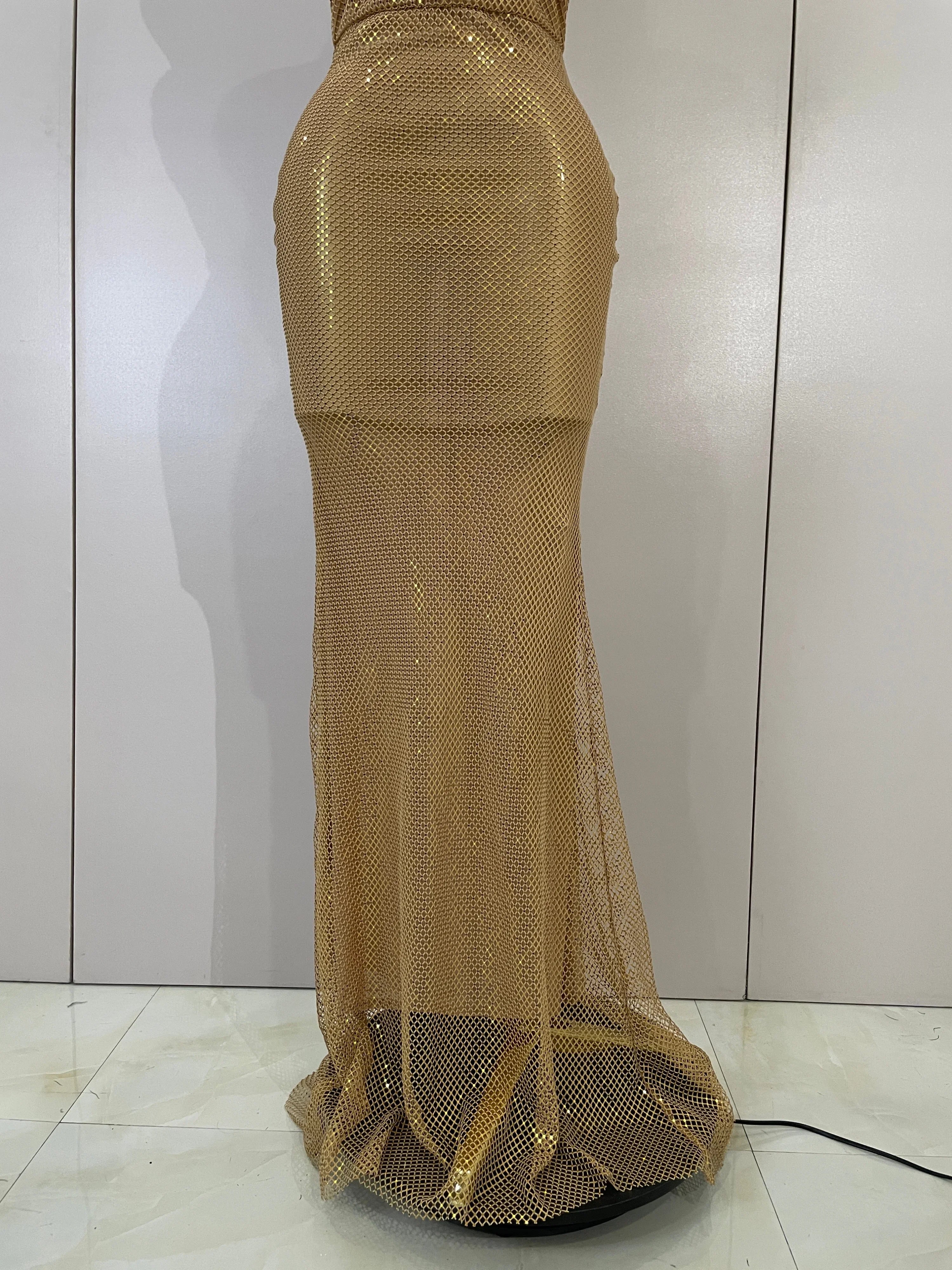 Eva Sexy Halter Sparkly Diamond Golden Mesh Sequin Maxi Dress