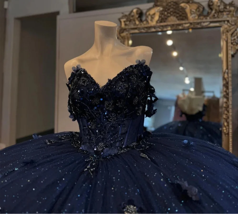 Glittering Navy Blue 3D Flowers Appliques Quinceanera Dress