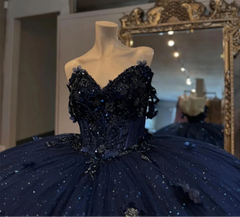 Glittering Navy Blue 3D Flowers Appliques Quinceanera Dress