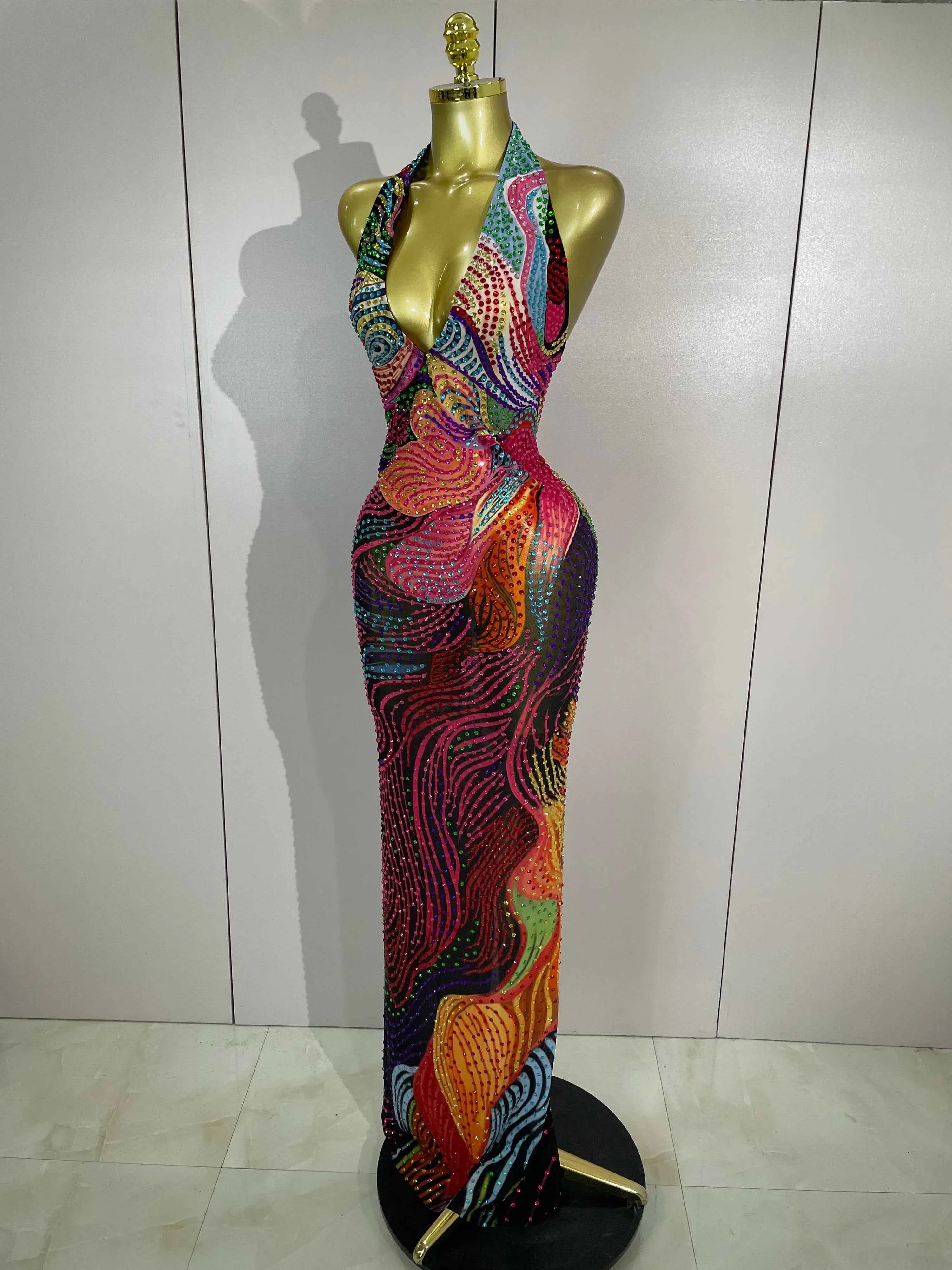 Aviana Colorful Halter Rhinestone Print Long Dress