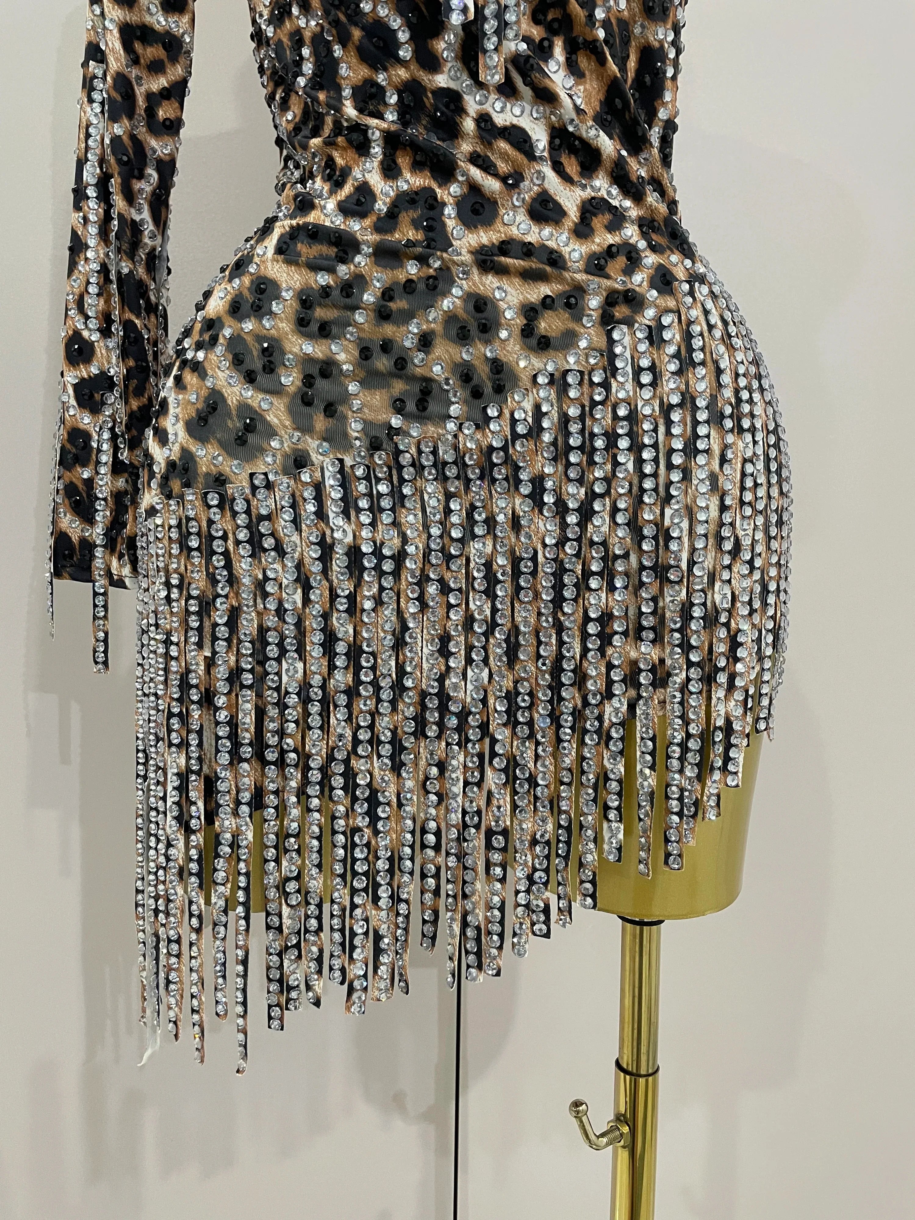 Daniela One-Shoulder Leopard Print Rhinestone Tassel Mini Dress