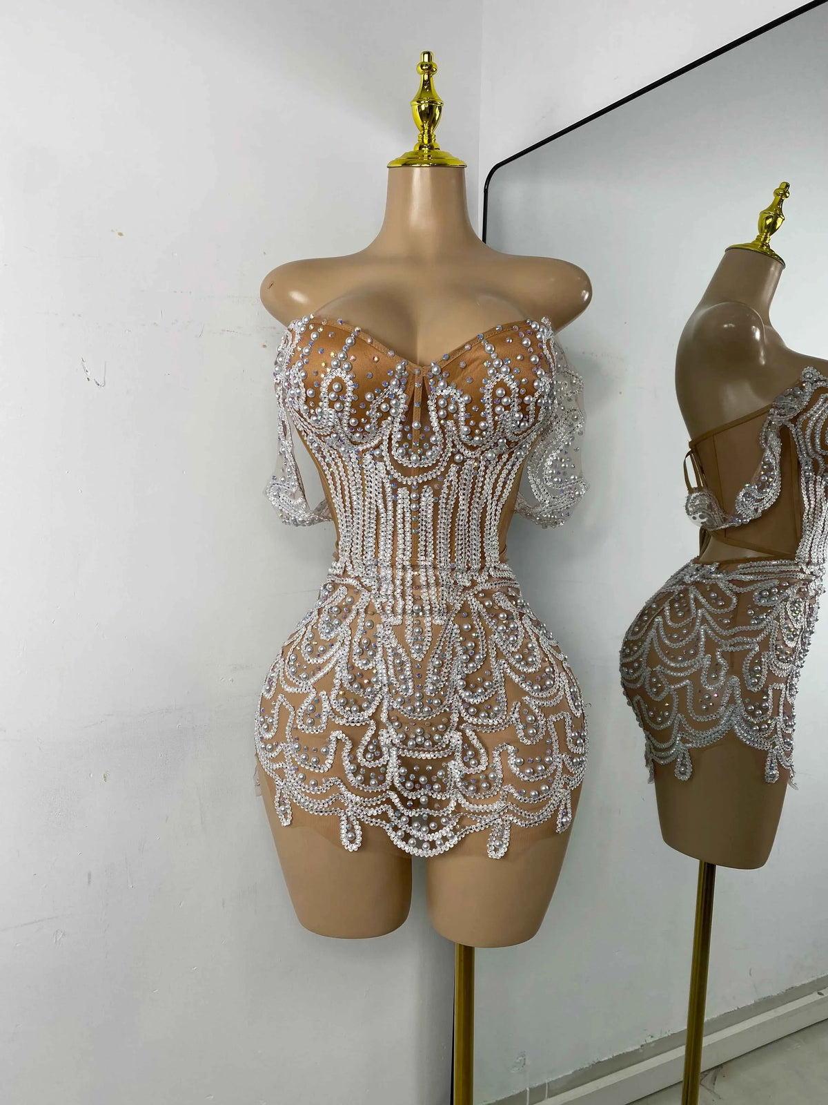 Claren Luxury Pearl & Sparkly Rhinestone Off-Shoulder Mesh Bodycon Mini Dress for Women
