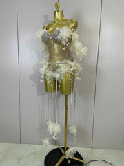Ebony Sparkly Rhinestones Flower Tassel Mesh Stretch Bodysuit