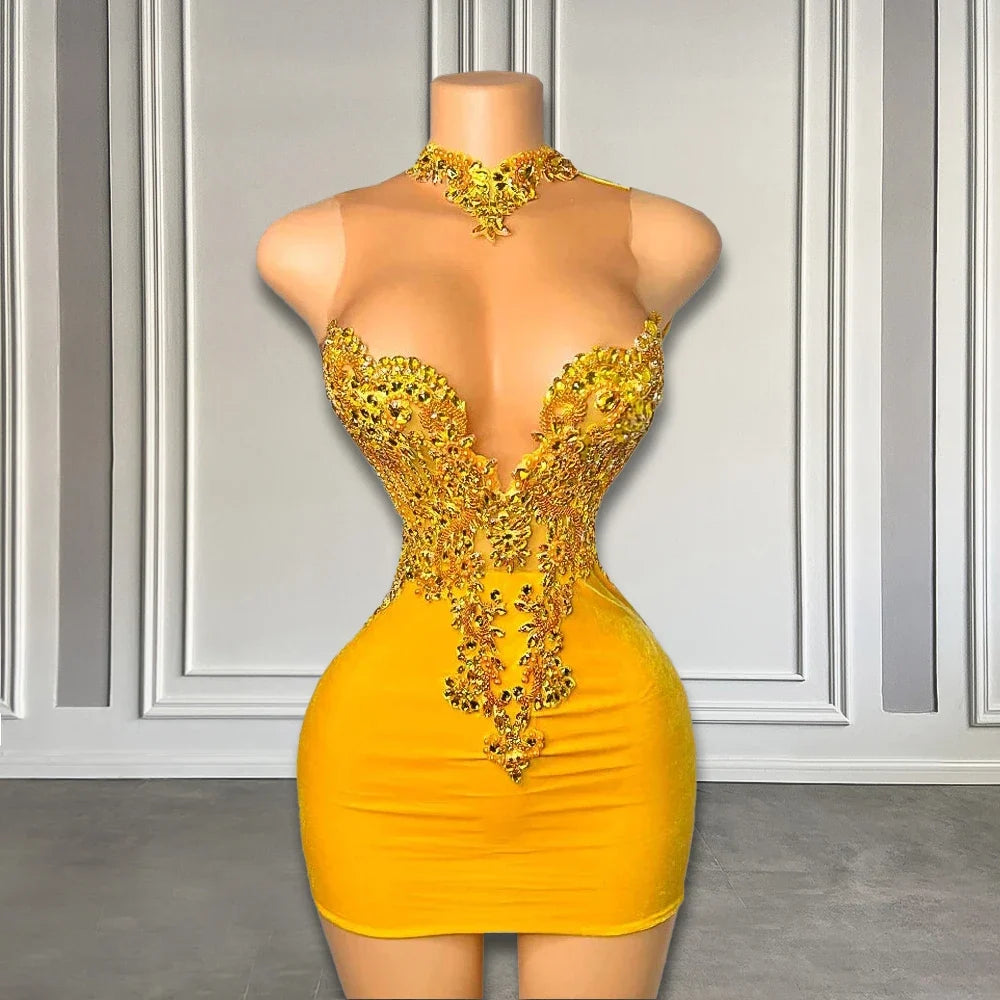 Elegant Sheer High Neck Crystals Gold Velvet Birthday Dress