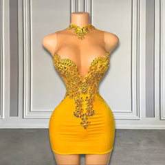 Elegant Sheer High Neck Crystals Gold Velvet Birthday Dress