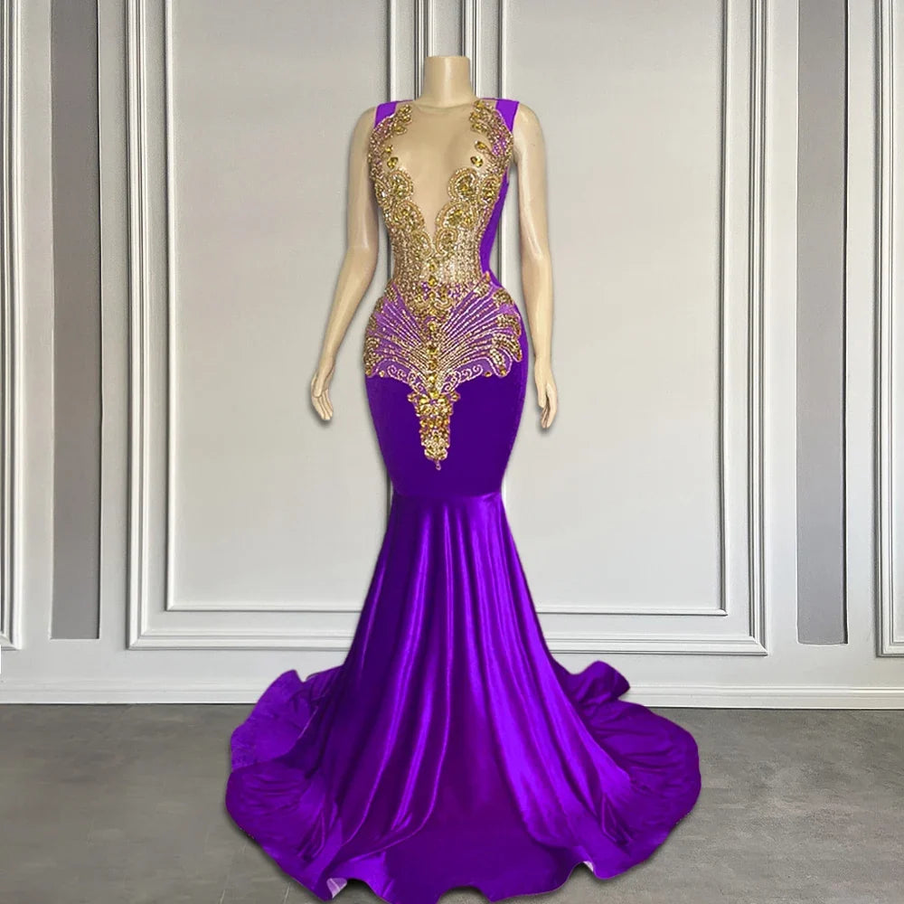 Elegant Dark Purple Mermaid Prom Gown with Gold Rhinestones